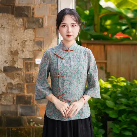 筠雅夏季新款新中式国风盘扣上衣民国复古唐装女喇叭袖上衣25J296图片