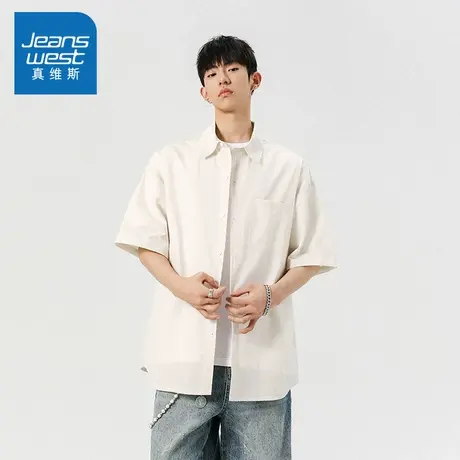 N5真维斯男士短袖衬衫2025夏季新款美式潮流男生休闲宽松百搭衬衣图片