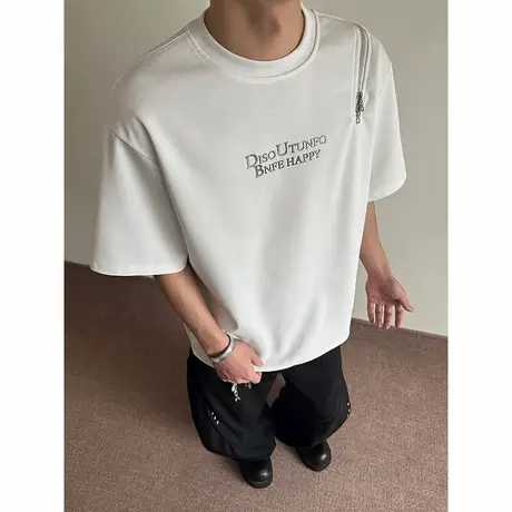 短袖T恤男新款夏季侧边拉链设计圆领体恤复古大码宽松半袖上衣服商品大图
