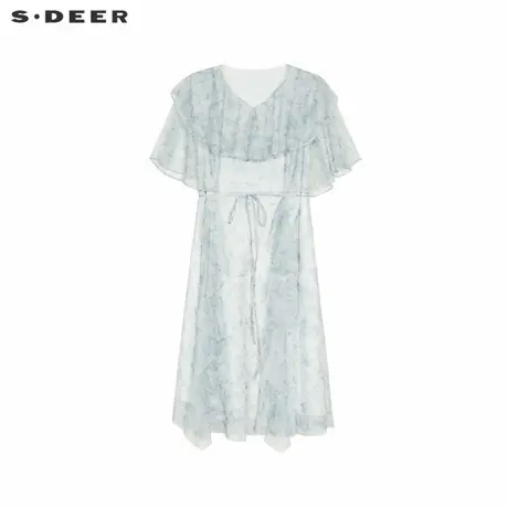 sdeer圣迪奥女装V领荷叶边印花网纱收腰连衣裙S232Z12H6商品大图