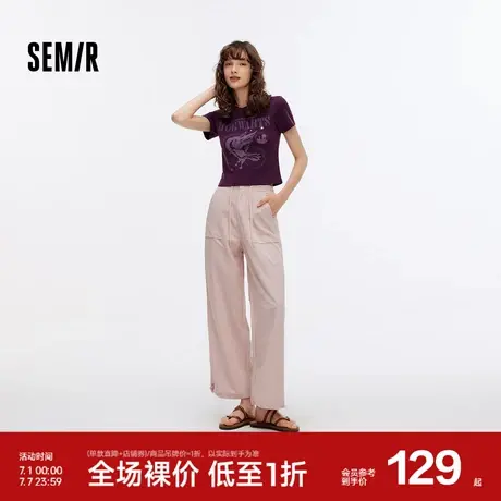 森马休闲裤女工装风肌理长裤宽松松弛感秋半松紧腰抽绳阔腿裤百搭商品大图