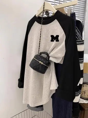 大码胖mm宽松内搭上衣女春夏纯棉打底衫ins潮韩系休闲插肩长袖T恤商品大图