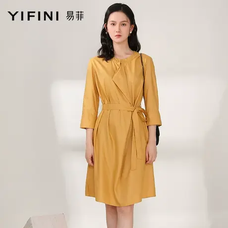 Yifini/易菲长袖宽松设计感小众别致中长款连衣裙2021秋季新款女图片