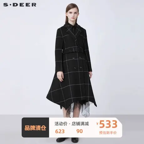 sdeer圣迪奥女装西装领收腰撞色格纹长款毛呢大衣S21481821⤴商品大图