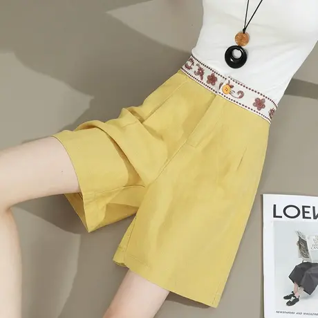 刺绣莱赛尔天丝亚麻短裤女夏季薄款高腰宽松显瘦A字阔腿五分裤子商品大图