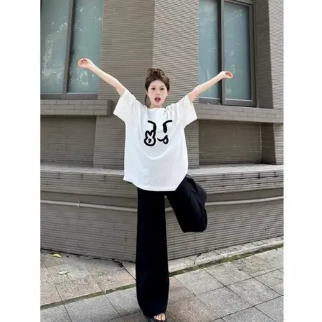 美式高街纯棉短袖t恤女2025夏季新款落肩设计感小众宽松半袖上衣商品大图