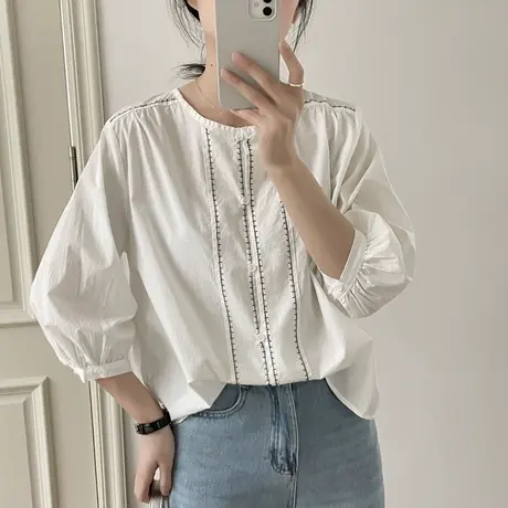 2025夏季新款韩版刺绣纯棉中袖白衬衫女高级感七分袖宽松休闲上衣图片
