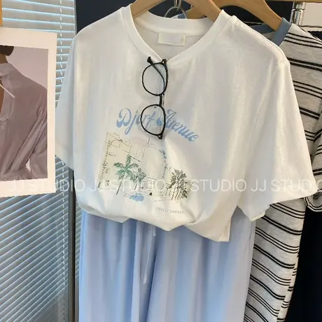 小清新！韩国东大门气质宽松风景画凉感雪花棉短袖T恤女2025夏季商品大图