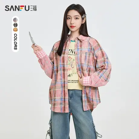 三福长衬衫2025夏季文艺格子拼接宽松翻领休闲上衣女装498620商品大图