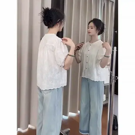 法式提花刺绣设计感短袖衬衫女2025夏季新款百搭洋气小个子上衣潮商品大图