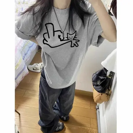 爆款夏季灰色纯棉短袖t恤女2025新款设计感小众美式宽松半袖上衣商品大图