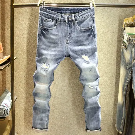 破洞牛仔裤男款蓝色潮牌修身小脚裤ins潮刮烂补丁夏季裤子男薄款图片
