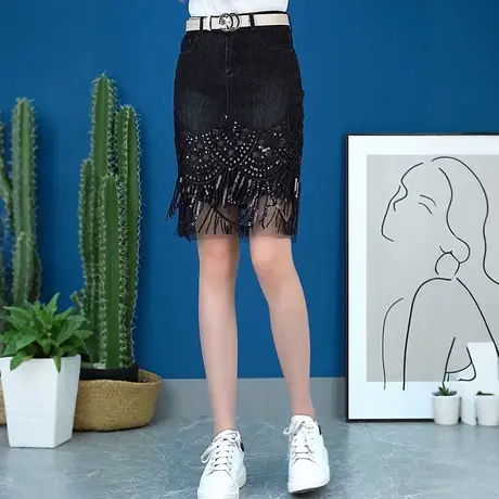 高腰蕾丝网纱牛仔裙女2025夏季新款显瘦A字包臀裙时尚短款半身裙商品大图