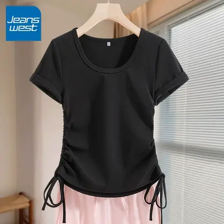 KV真维斯杏色抽褶短袖t恤女2025新款 夏季正肩半袖修身短款小上衣商品大图