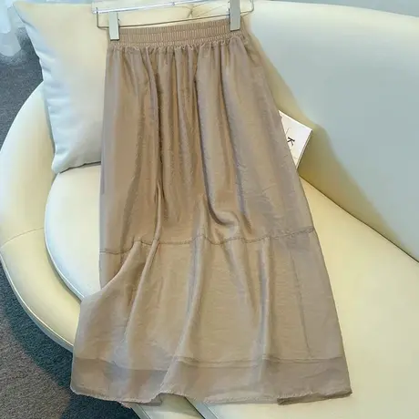 拉夏贝尔卡其色伞裙半身裙女夏薄款2025新款网纱中长裙独特a字裙图片