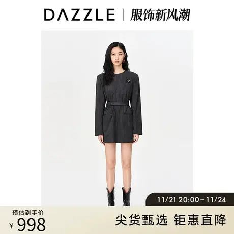 DAZZLE地素奥莱 春季黑色条纹刺绣装饰直筒宽松长袖连衣裙女图片