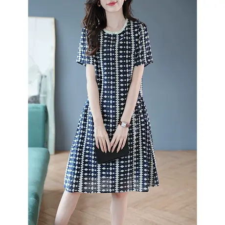 宝诗黎圆领刺绣连衣裙夏季短袖2025新款宽松休闲中长裙时尚女装商品大图