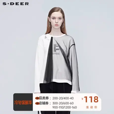 sdeer圣迪奥女装秋季上衣短款休闲圆领网纱拼接长袖T恤S20380222😲商品大图