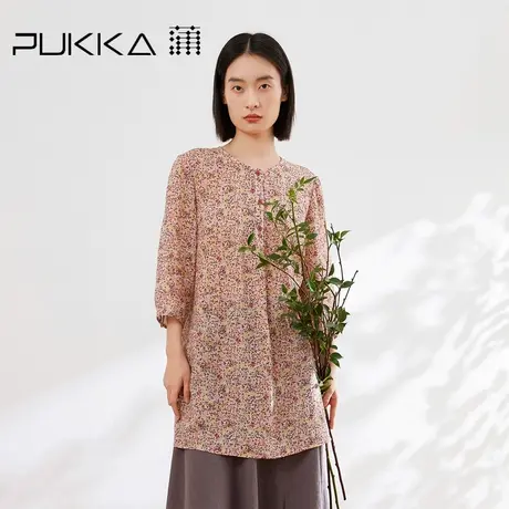 蒲PUKKA 苎麻印花衬衫女夏季新品中长款圆领上衣商品大图