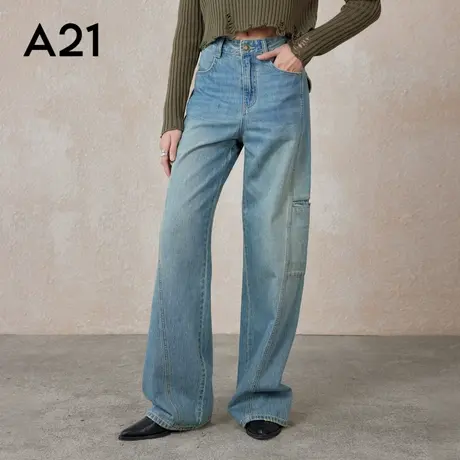 A21女装美式水洗复古牛仔长裤百搭宽松中腰阔腿裤图片