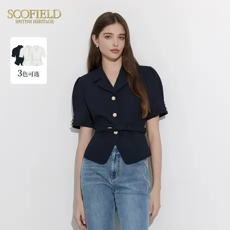 Scofield女装通勤西装领短袖衬衫白色优雅收腰上衣夏季上衣图片