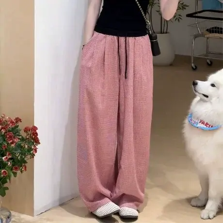 粉色格纹拼色腰头休闲裤女夏季新款大码通勤宽松显瘦直筒裤阔腿裤商品大图