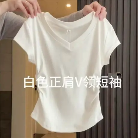 白色v领短袖t恤女2025新款夏季短款掐腰设计感小众不撞款上衣商品大图
