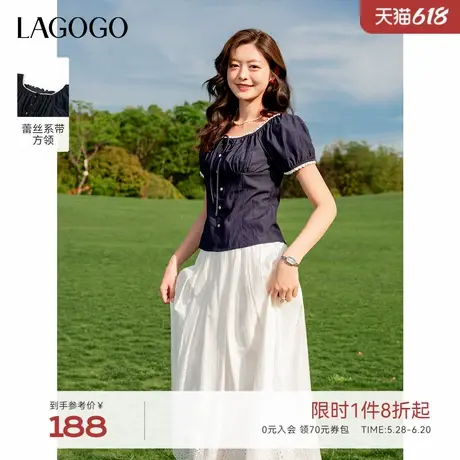 LAGOGO法式蕾丝精致感泡泡袖上衣女拉谷谷2025年夏季新款显瘦短袖商品大图