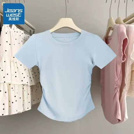 KHV真维斯甜辣风褶皱设计感收腰显瘦正肩短袖T恤女2024夏短款上衣商品大图