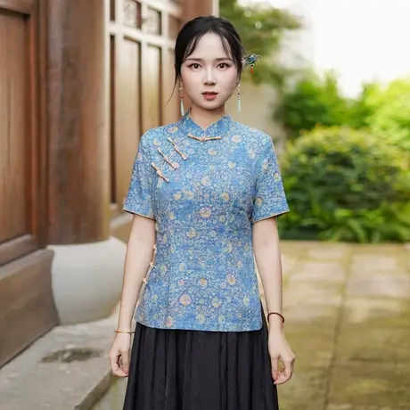 筠雅夏季新款唐装上衣新中式国风改良复古女士斜襟短袖女装25J260商品大图