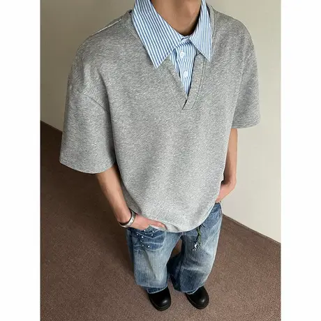 POLO衫男夏季2025新款假两件休闲半袖体恤ins大码宽松男生上衣服商品大图