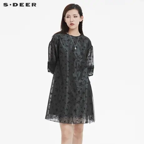sdeer圣迪奥女装圆领碎花蕾丝不规则连衣裙S222Z1284商品大图