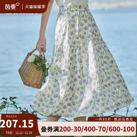 茵曼法式复古印花半身裙女2023夏季新款高腰显瘦a字中长款碎花裙图片