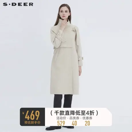 sdeer圣迪奥休闲立领拼接插袋收腰米白色长款毛呢大衣女S20461804👇商品大图