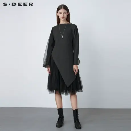 【直播间专属】sdeer圣迪奥女装圆领网纱拼接两件连衣裙S221Z1279商品大图