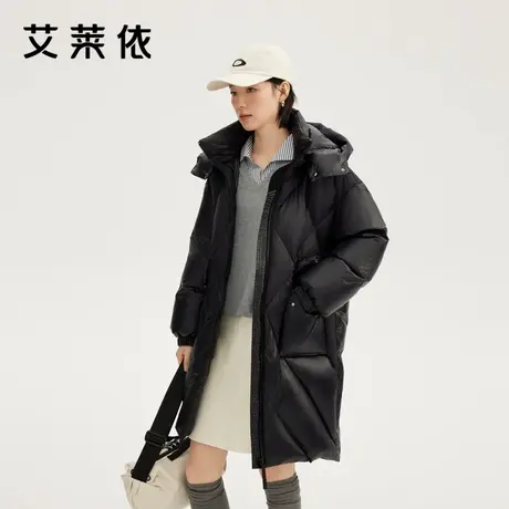 艾莱依新款羽绒服菱形提花泡芙长款大衣连帽可脱卸防风保暖外套女图片