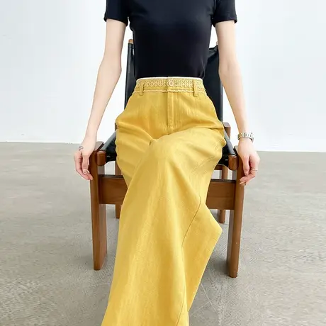 莱赛尔天丝亚麻阔腿裤女夏季薄款高腰宽松直筒柠檬黄色休闲西装裤商品大图