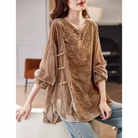 宝诗黎蕾丝盘扣拼接丝绒雪纺衫2025春季新中式气质百搭洋气女装商品大图