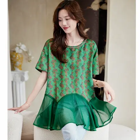 宝诗黎网纱提花拼接短袖上衣女2025夏季洋气设计感新中式气质女装图片