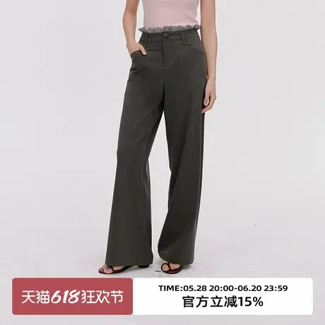 omont蛋挞家复古蕾丝拼接高腰休闲裤2025夏季灰色直筒百搭长裤子商品大图