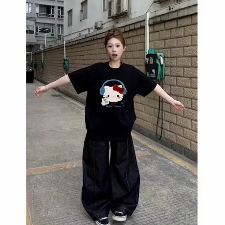 黑色kitty猫印花纯棉短袖t恤2025新款设计感小众学生宽松半袖上衣商品大图