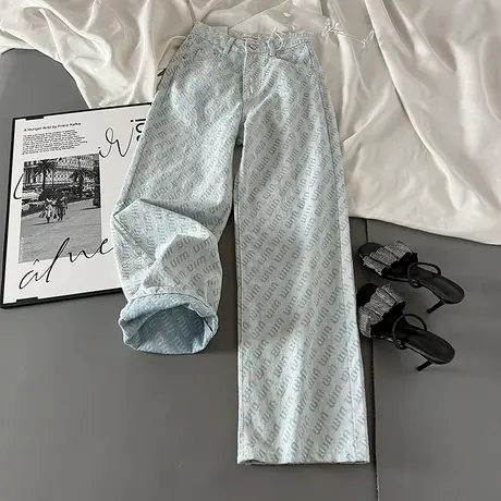 2025春夏新款miu印花牛仔直筒裤女韩系辣妹高腰百搭窄版拖地长裤商品大图