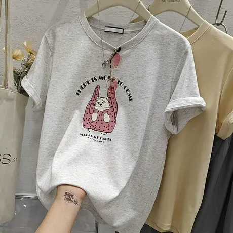 韩系卡通猫咪印花宽松纯棉短袖t恤女2025夏季减龄上衣潮体恤小衫商品大图