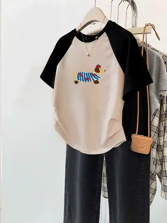 港风复古印花上衣2024新款夏季插肩袖设计感T恤女ins百搭短款短袖图片