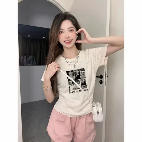 短款小个子潮流收腰t恤女2025新款褶皱修身彩虹波点短袖减龄上衣图片