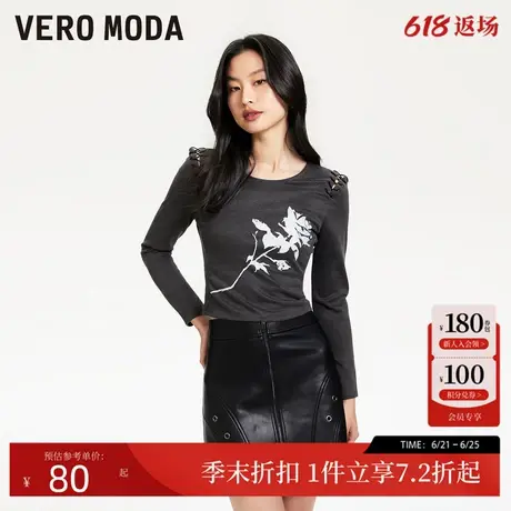 Vero ModaT恤女春季H版型圆领绑带花朵印花复古甜酷324102025商品大图