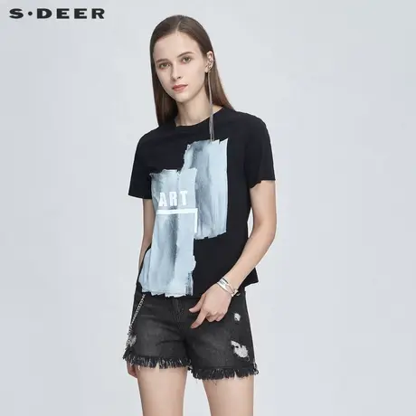 sdeer圣迪奥女装夏装上衣打底个性圆领字母印花短袖T恤S21280123图片