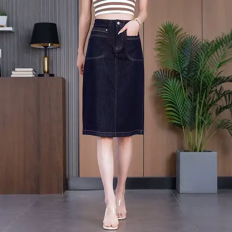 丹宁蓝牛仔半身短裙女2025夏季薄款A字裙中长款休闲一步包臀裙子商品大图