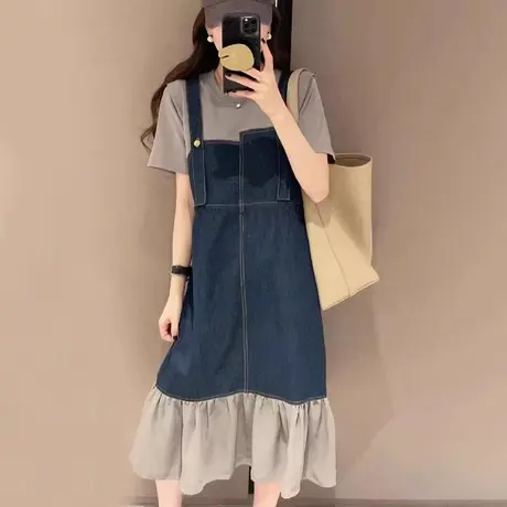 爵莱菲大码胖mm假两件牛仔拼接连衣裙女夏季新款欧货中长款背带裙商品大图