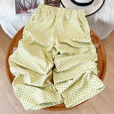 拉夏贝尔黄色波点裤女夏季薄款2025新款八分冰丝防晒裤休闲阔腿裤商品大图